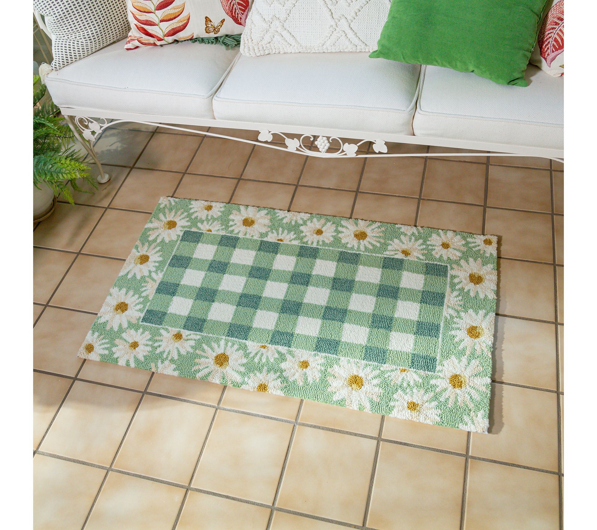 "As Is" Plow & Hearth Hand Hooked Floral Check Doormat