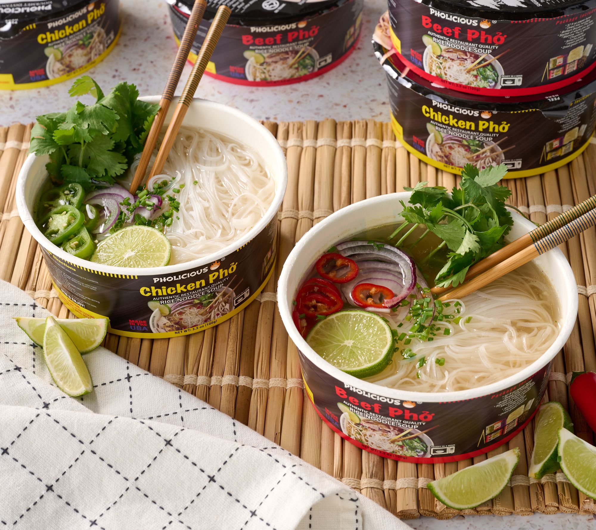 PhoLicious (6) 3.6oz Bowls of Instant Pho in Beef or Chicken