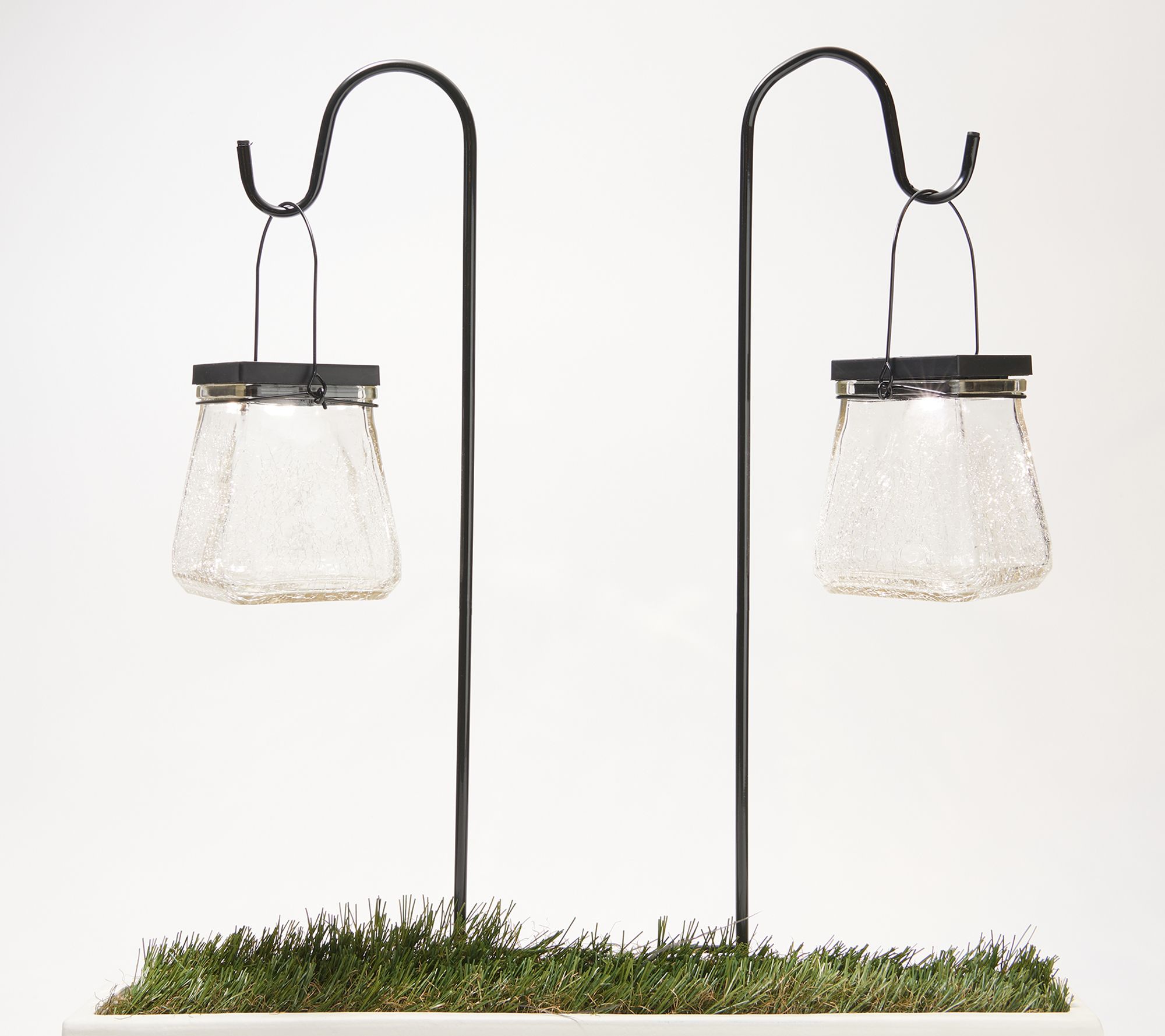 My Home Set of 2 Solar Diamond Glass Lanterns with Shepherds Hooks 