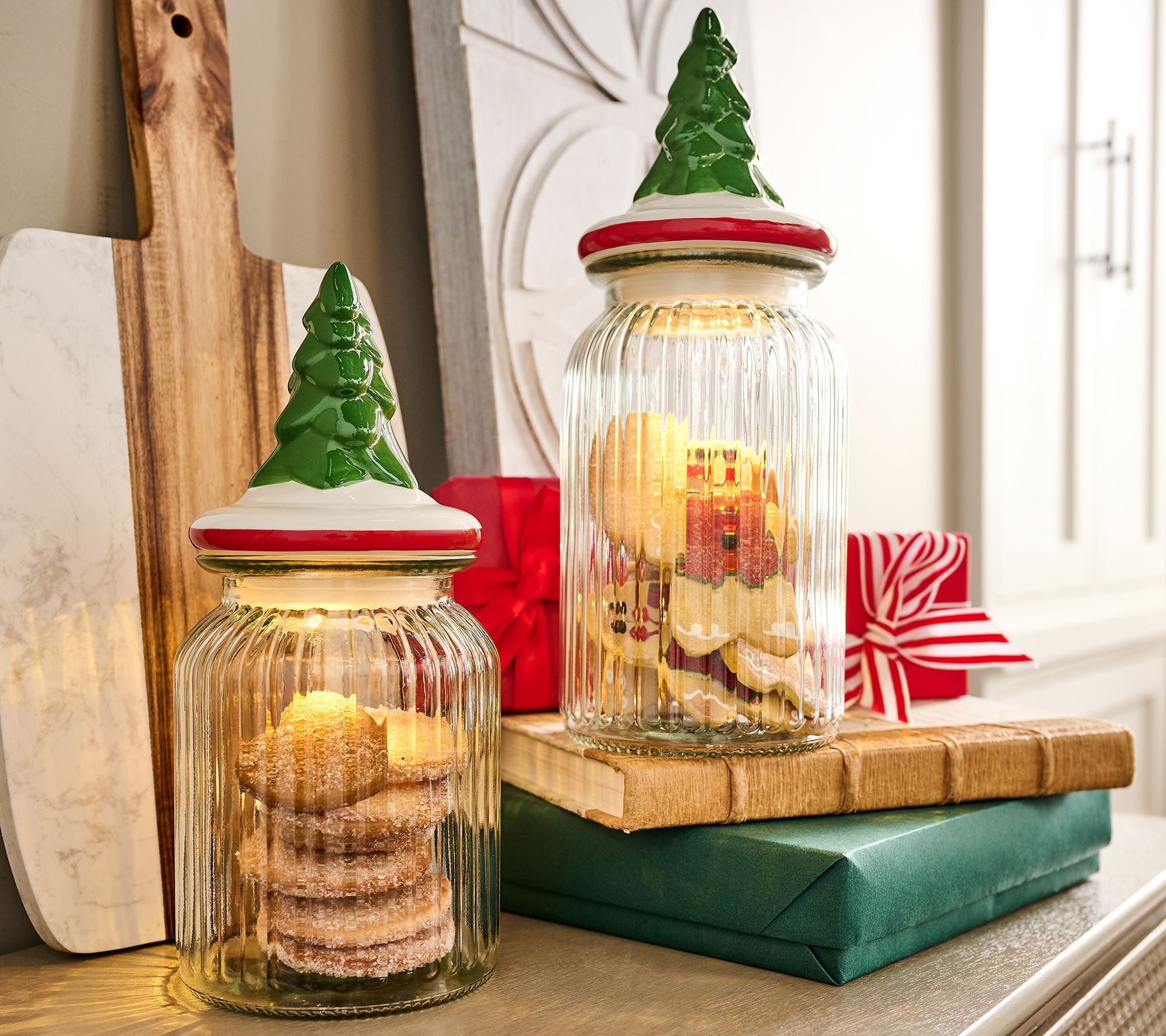 Girl Next Door S/2 Illuminated Holiday Glass Cookie/Treat Jars