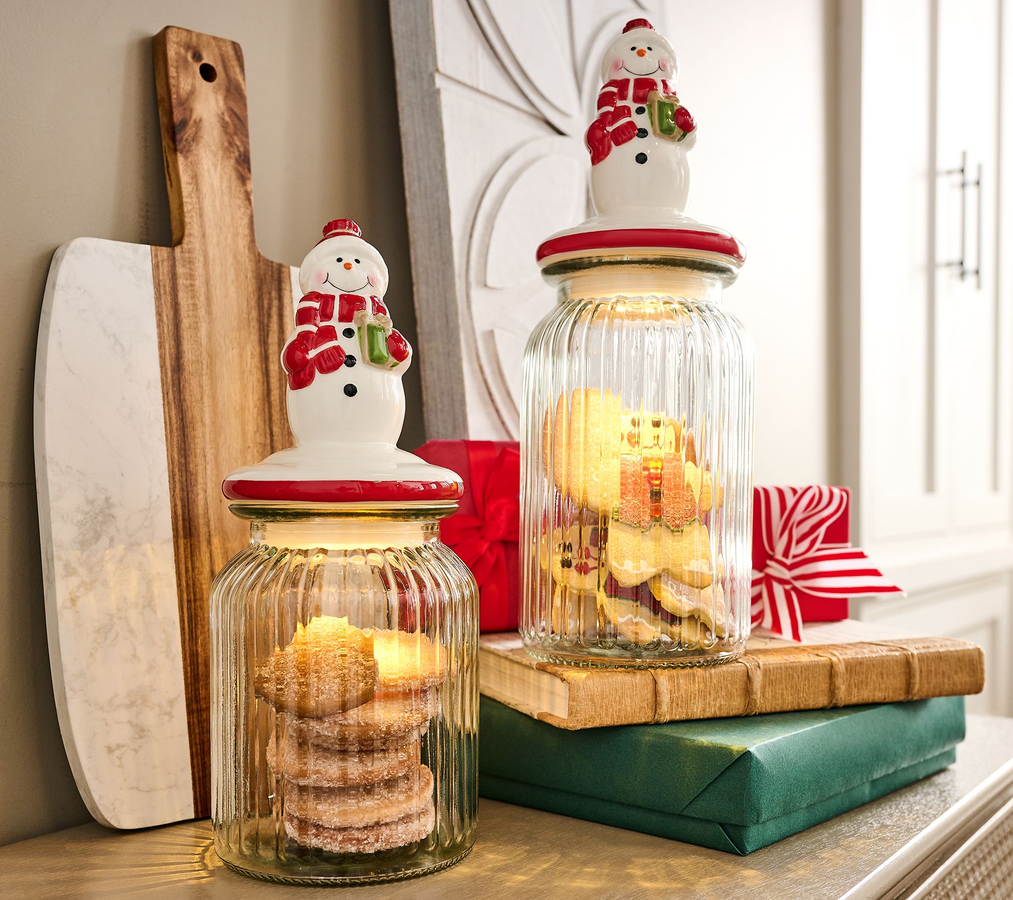 Girl Next Door S/2 Illuminated Holiday Glass Cookie/Treat Jars