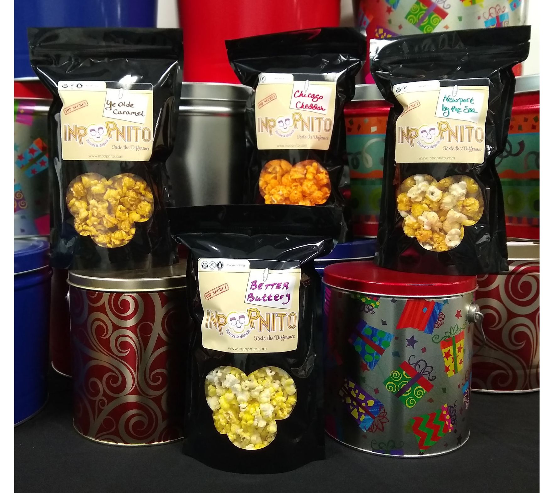 Inpopnito Popcorn Tin 2.0, 4-Pack Gourmet Popcorn