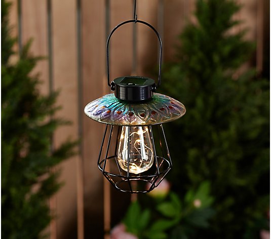 Plow & Hearth Solar Cage Light with Decorative Glass Shade