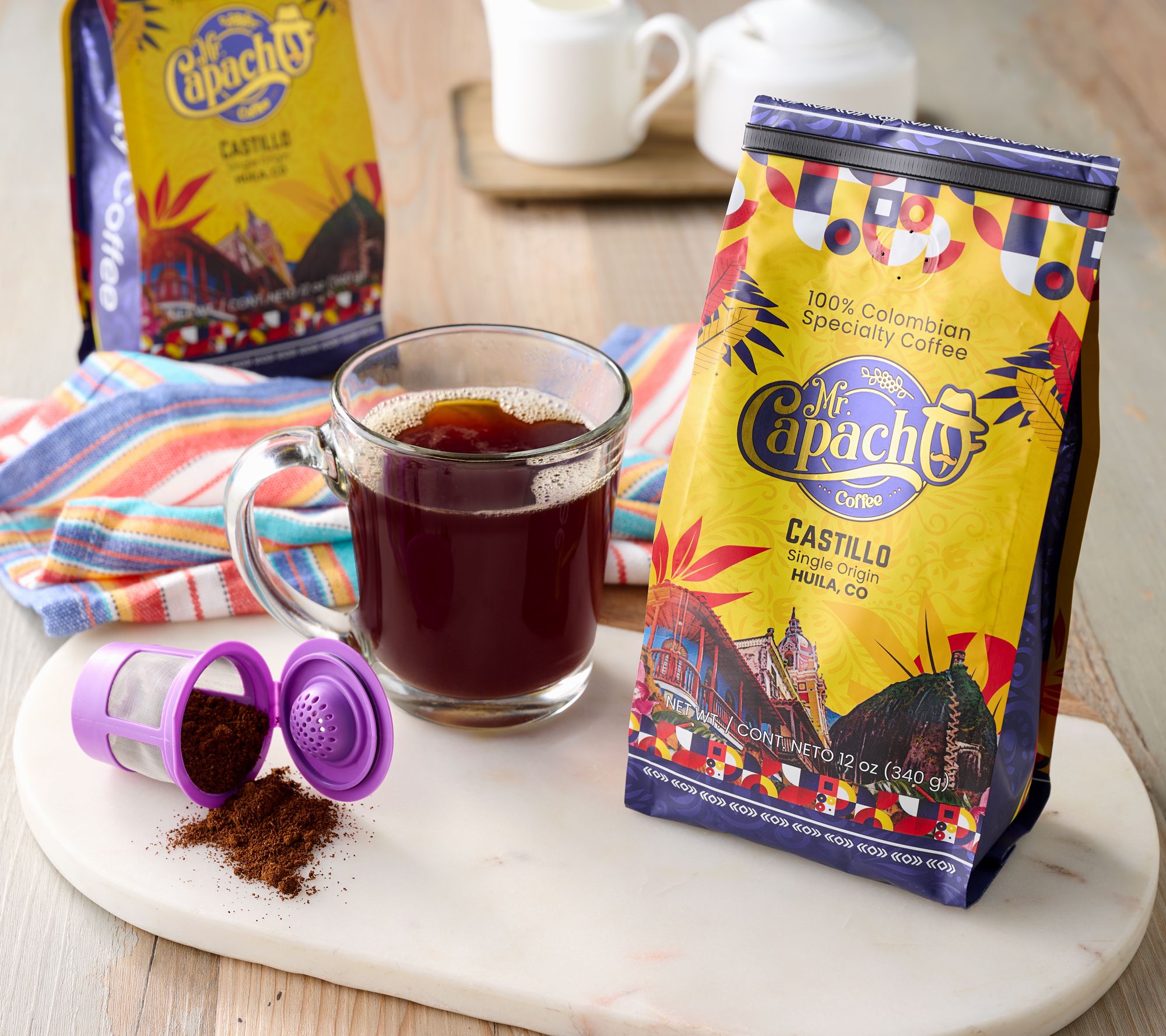 Mr. Capacho (2) 12-oz Bags Ground Coffee & Reusable K-Cup Castillo Blend