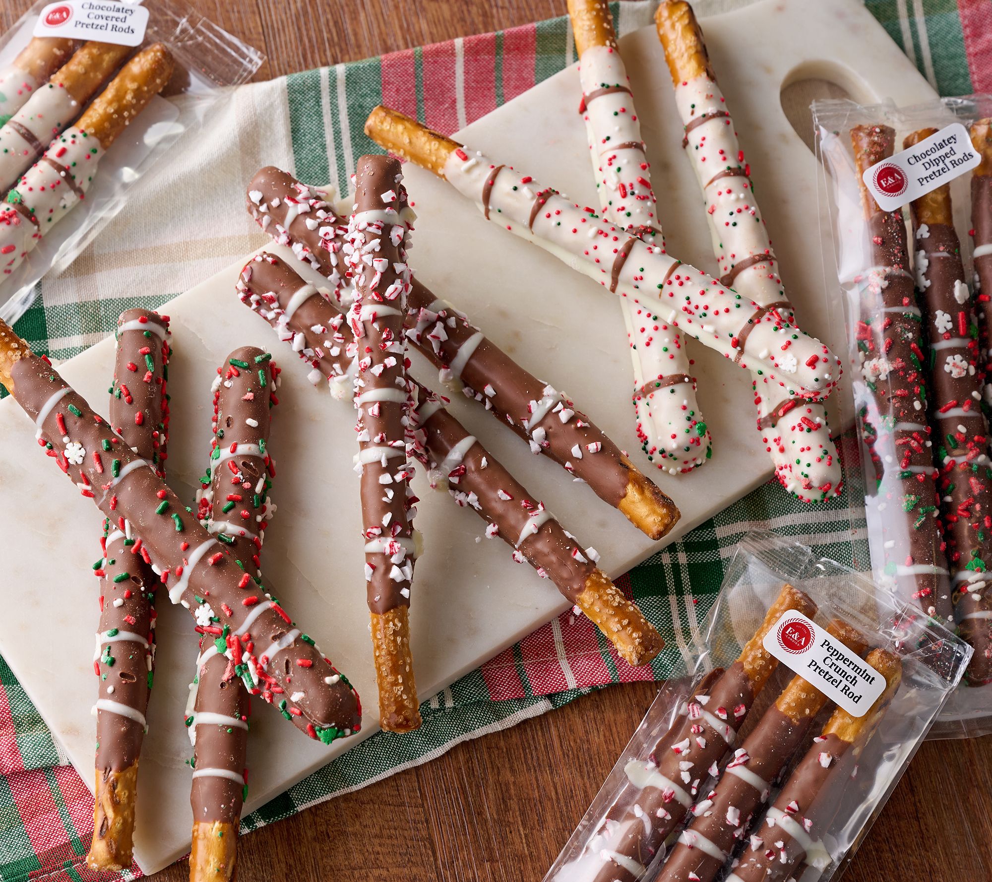 E&A Candies 18pc Chocolatey Holiday Pretzel Rods & Giftable Bags