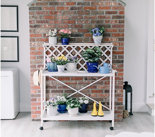 Wooden Whitewash Potting Bench with Wheels by Lauren McBride