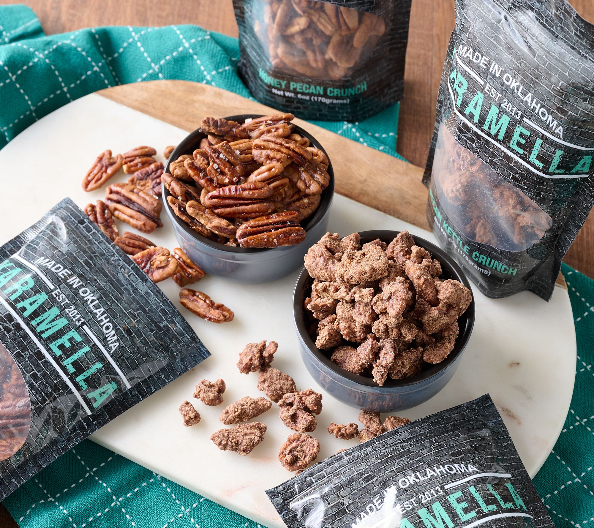  Karamella (4) 6oz Honey Crunch or Kettle Crunch Pecans