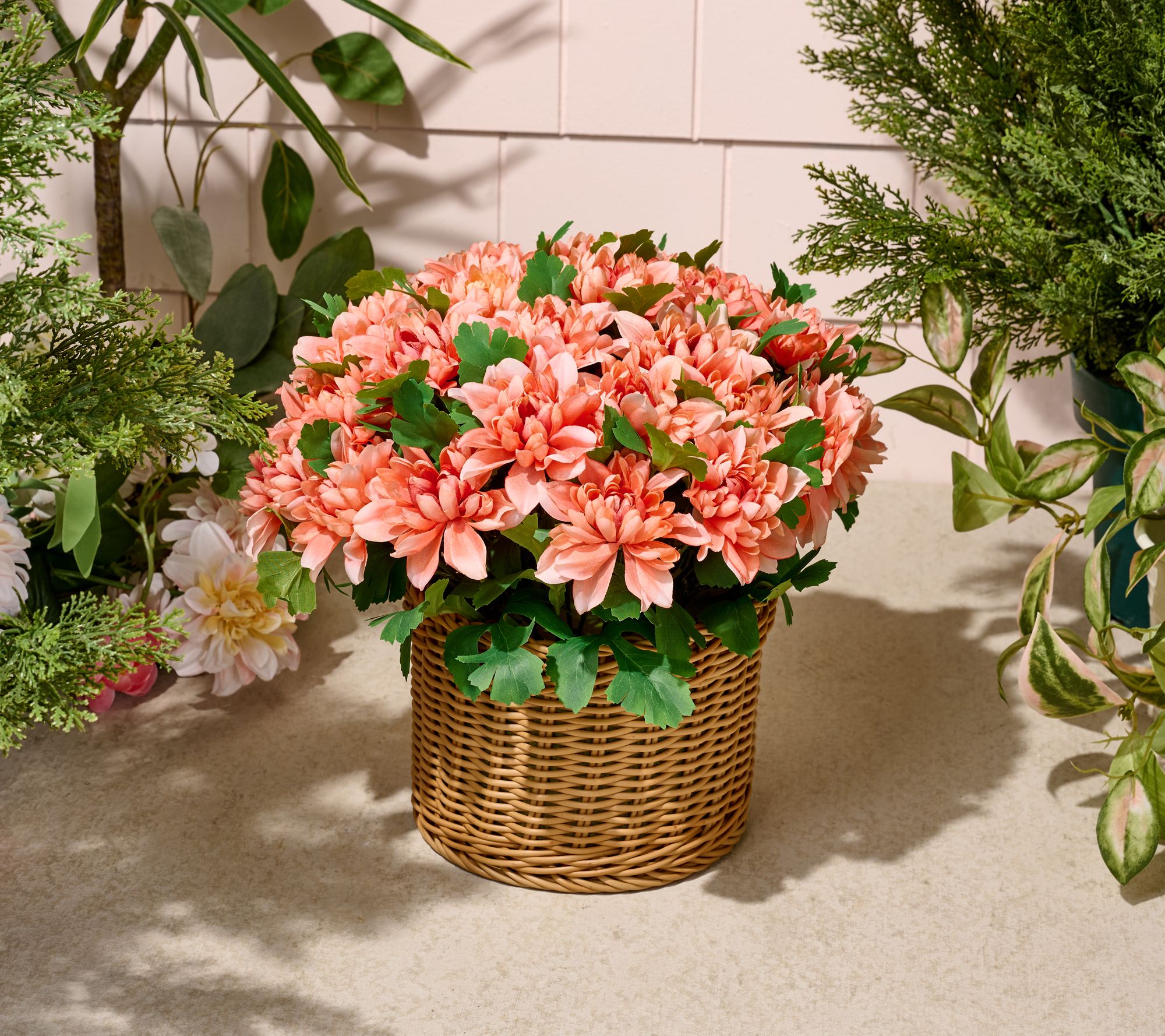Wicker Park 12" Faux Dahlia Arrangement In Woven Pot