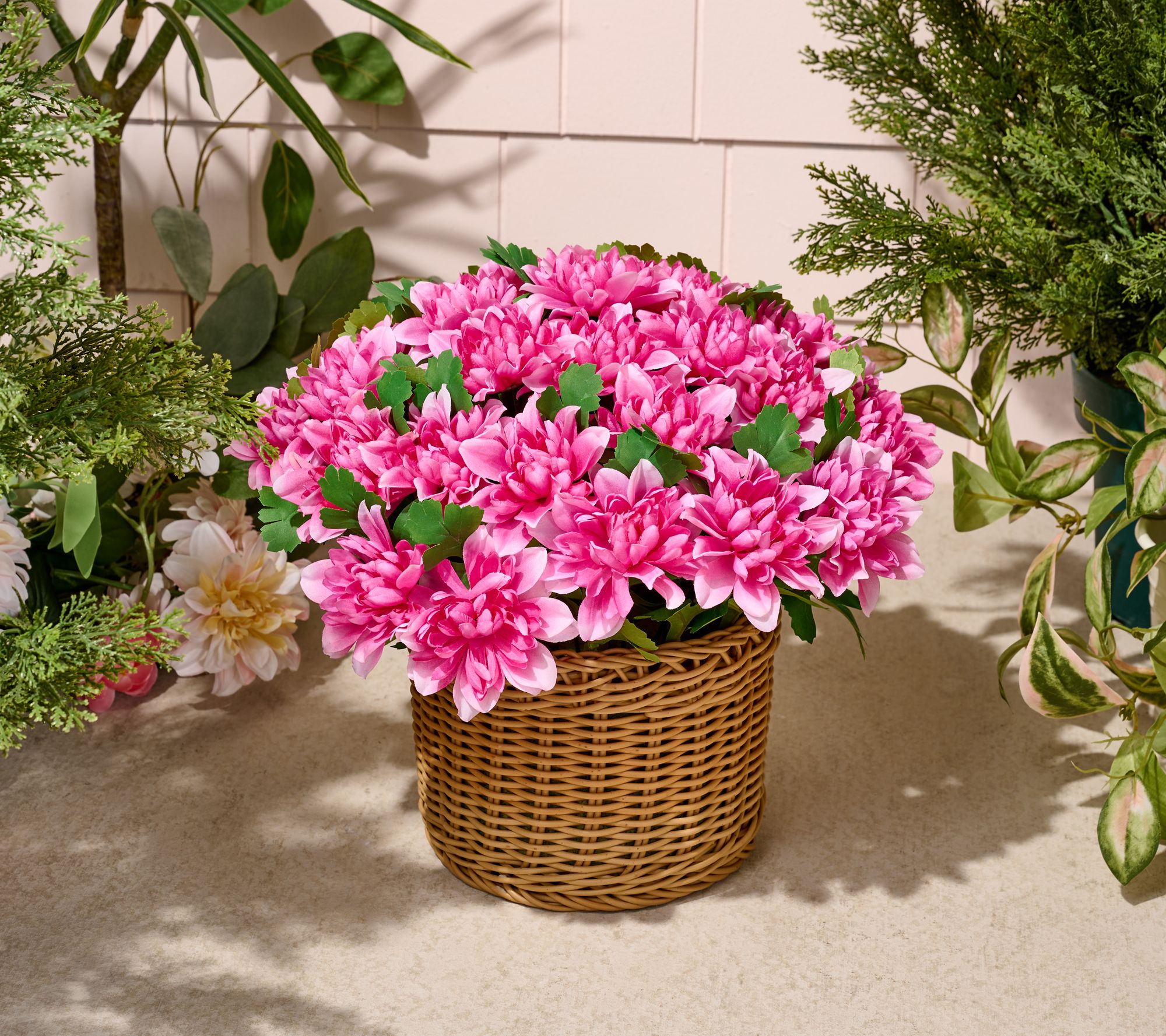 Wicker Park 12" Faux Dahlia Arrangement In Woven Pot