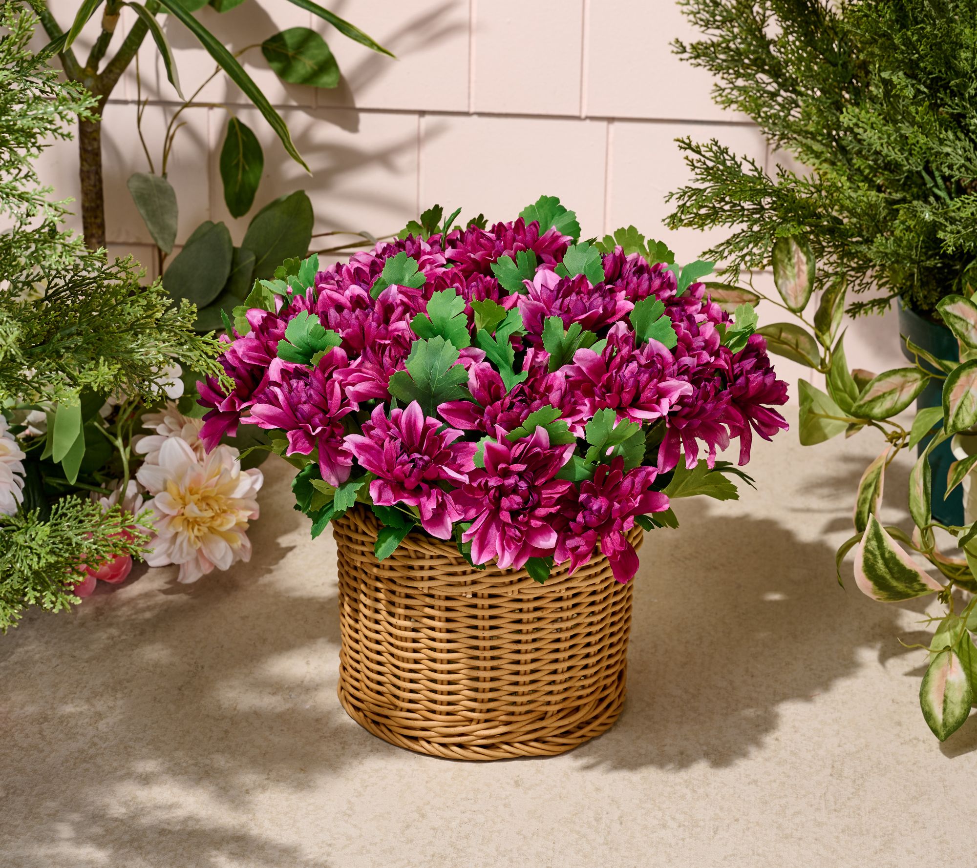 Wicker Park 12" Faux Dahlia Arrangement In Woven Pot