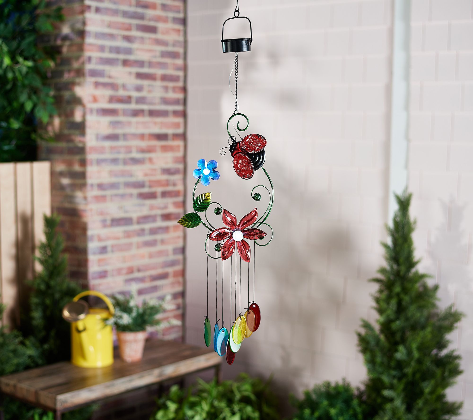 "As Is" Plow & Hearth Solar Hanging Floral Windchime with Glass Chimes