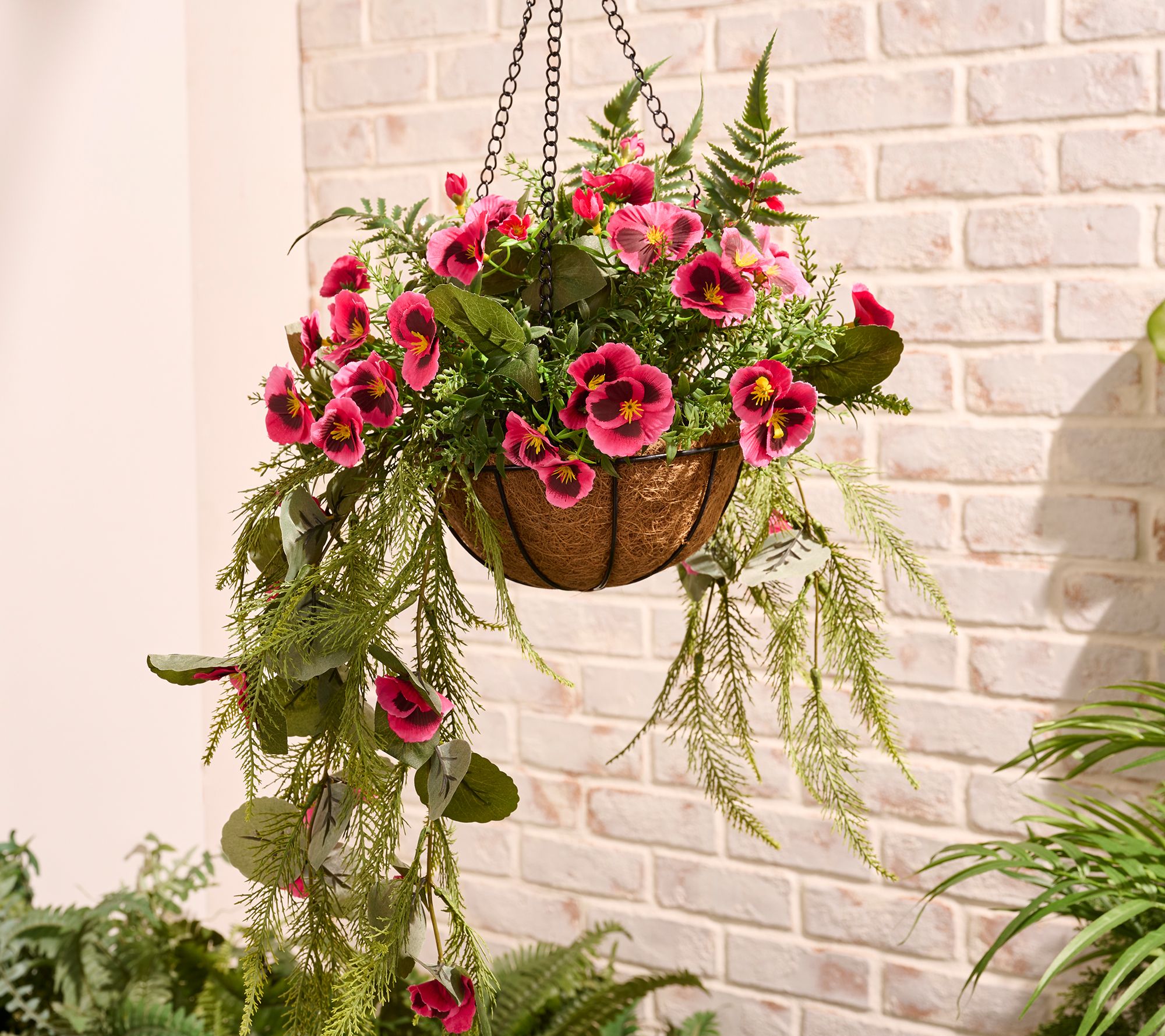 Garden Reflections Cascading Faux Pansy & Fern Hanging Basket