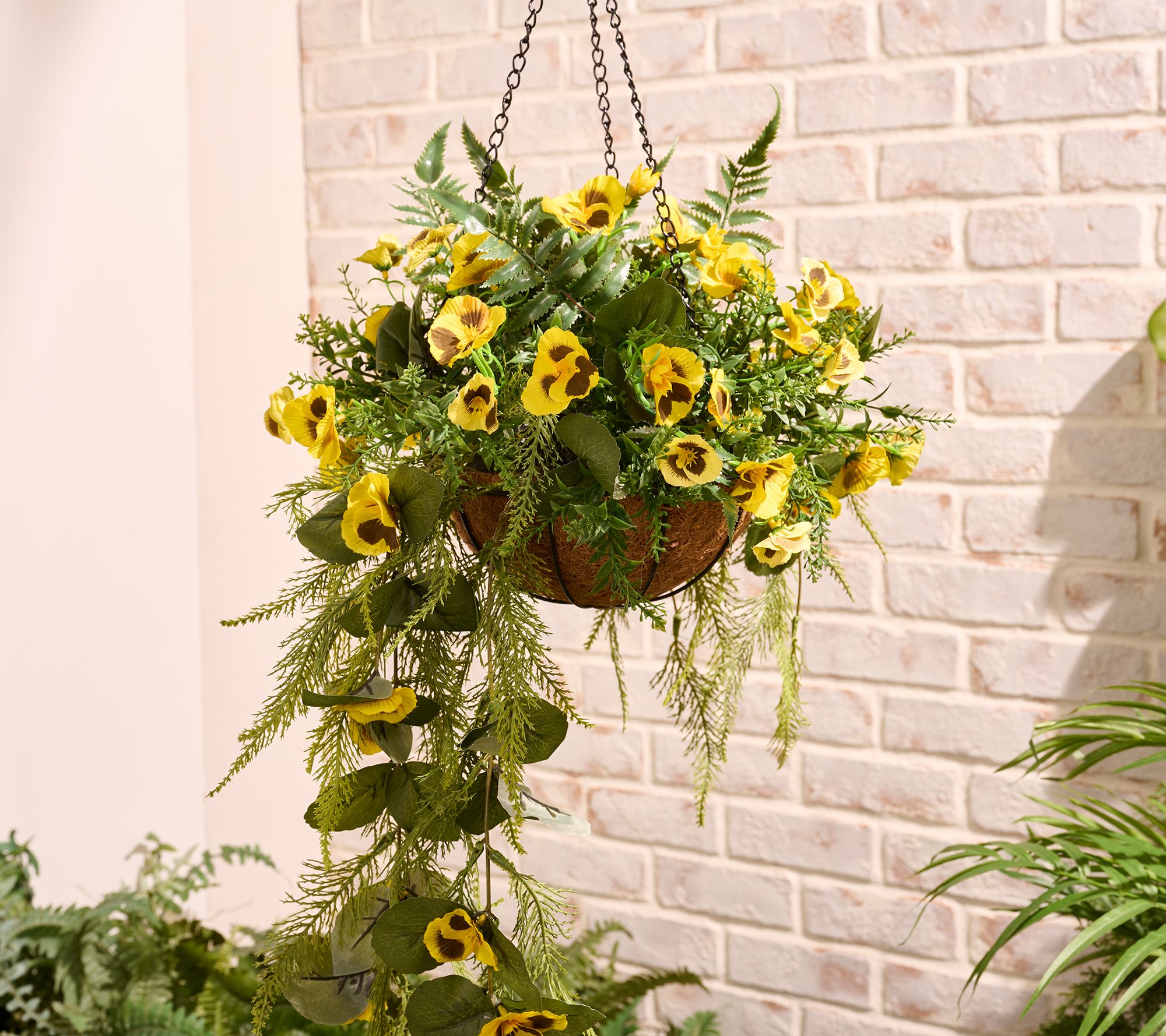 Garden Reflections Cascading Faux Pansy & Fern Hanging Basket