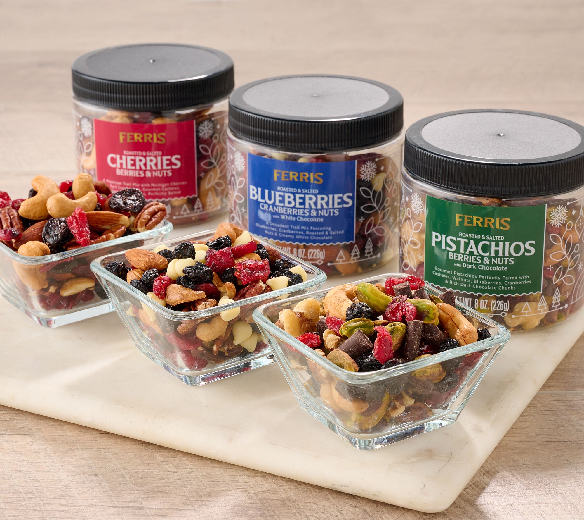 SH11/9 Ferris Nut Co. (3) 8-oz Holiday Fruit & Nut Mixes