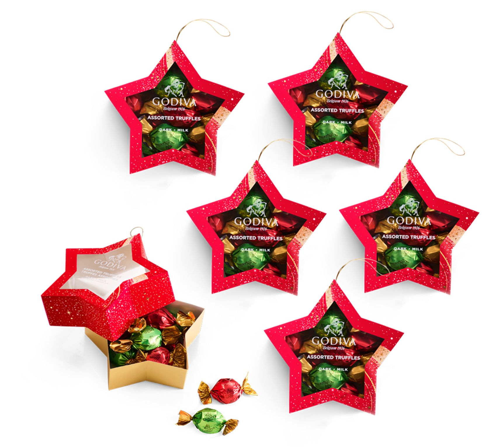 Godiva Set of 6 Star Ornament Gifts w/ Indivi dually Wrapped Truffles