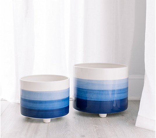Set of 2 Striped Ceramic Footed Planters by Lauren McBride