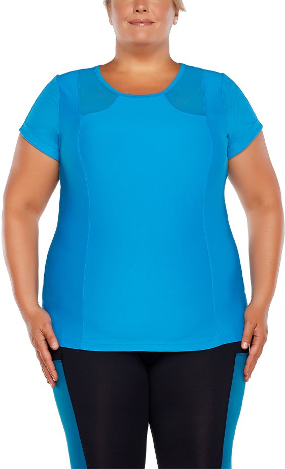 Performance fit plus size tops for women, form-fitted for active mobility.