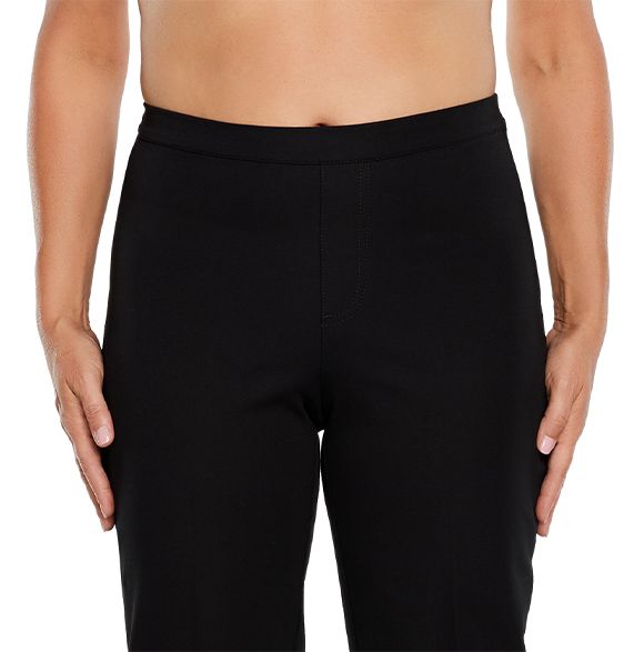 Women's pants with mid rise, waistband sits at the natural waist.