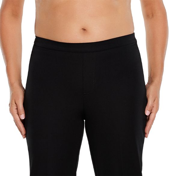 Women's pants with low rise, waistband sits below the natural waist.