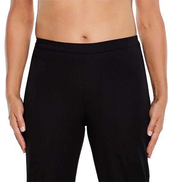 Women's pants with low rise, waistband sits slightly below the natural waist.