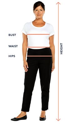 Guide on how to measure bust, waist, hips, and height for women's clothing. 