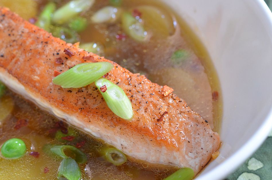 Salmon with Potatoes & Peas in a Ginger Broth