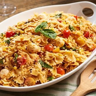 Corn, Basil, Tomato & Pine Nut Pasta Salad