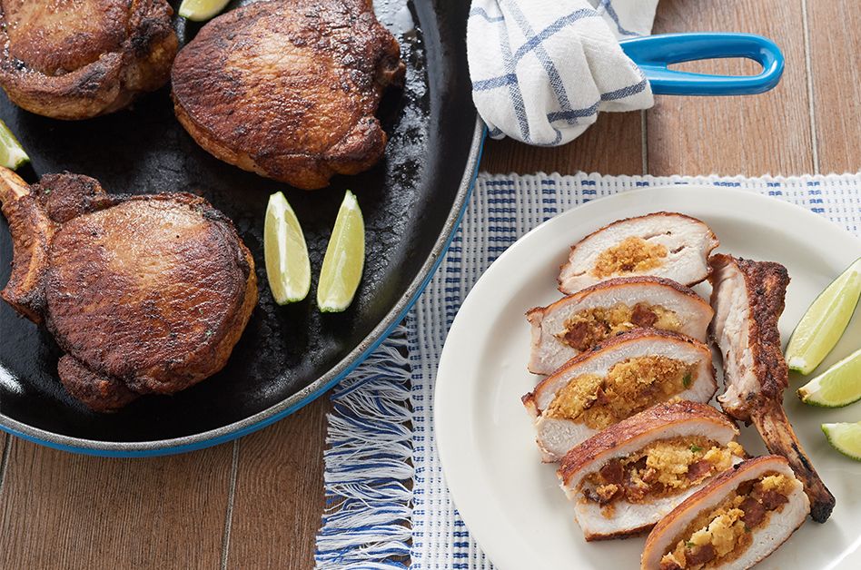 Stuffed Pork Chop with Chorizo Cornbread Stuffing
