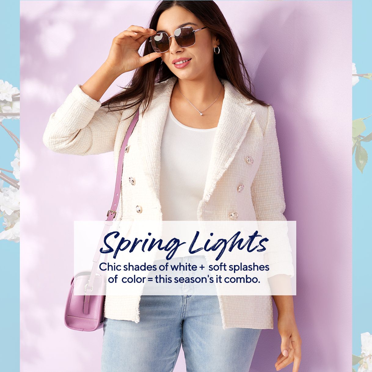 Spring Lights. Chic shades of white and soft splashes of color are this season's it combo.