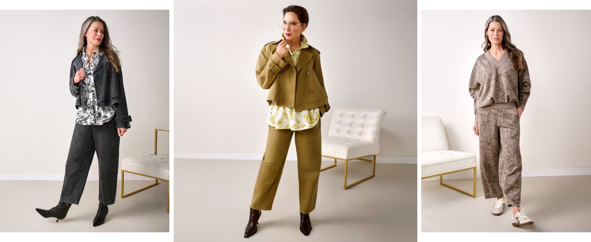 Spot 1: Showcasing Carla Rockmore Collection Cropped Denim Trench Jacket in Black Wash (A720303) Spot 2: Showcasing Carla Rockmore Collection Cropped Denim Trench Jacket in Woodland (A720303) Spot 3: Showcasing Carla Rockmore Collection Statement Scuba V-Neck Pleated Sweatshirt (A720895)