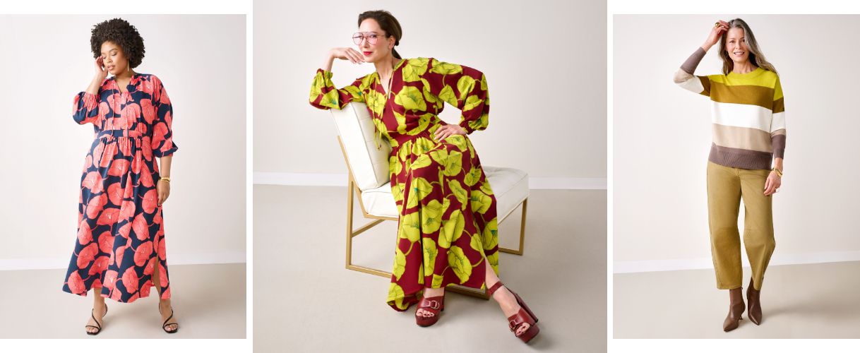 Spot 4: Showcasing Carla Rockmore Collection Printed Satin Maxi Dress in Midnight (A718972) Spot 5: Showcasing Carla Rockmore Collection Printed Satin Maxi Dress in Black Cherry (A718972) Spot 6: Showcasing Carla Rockmore Collection Seasonless Yarn Color Block Sweater (A719971)