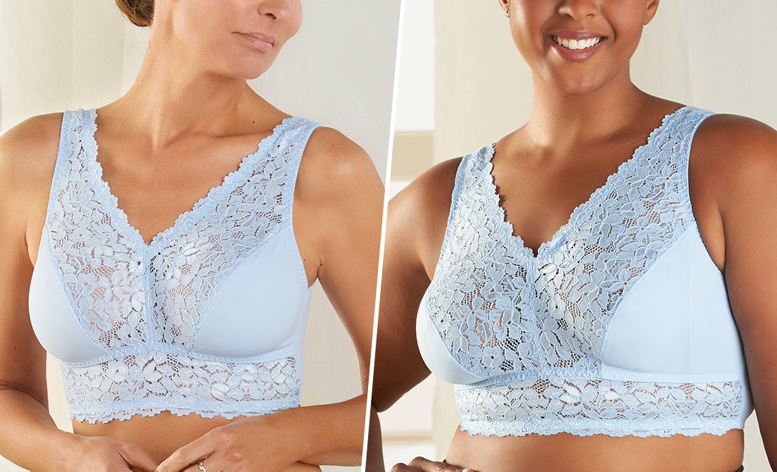 QVC) Breezies Soft Support Wirefree Bra with Contrast Lace Set of