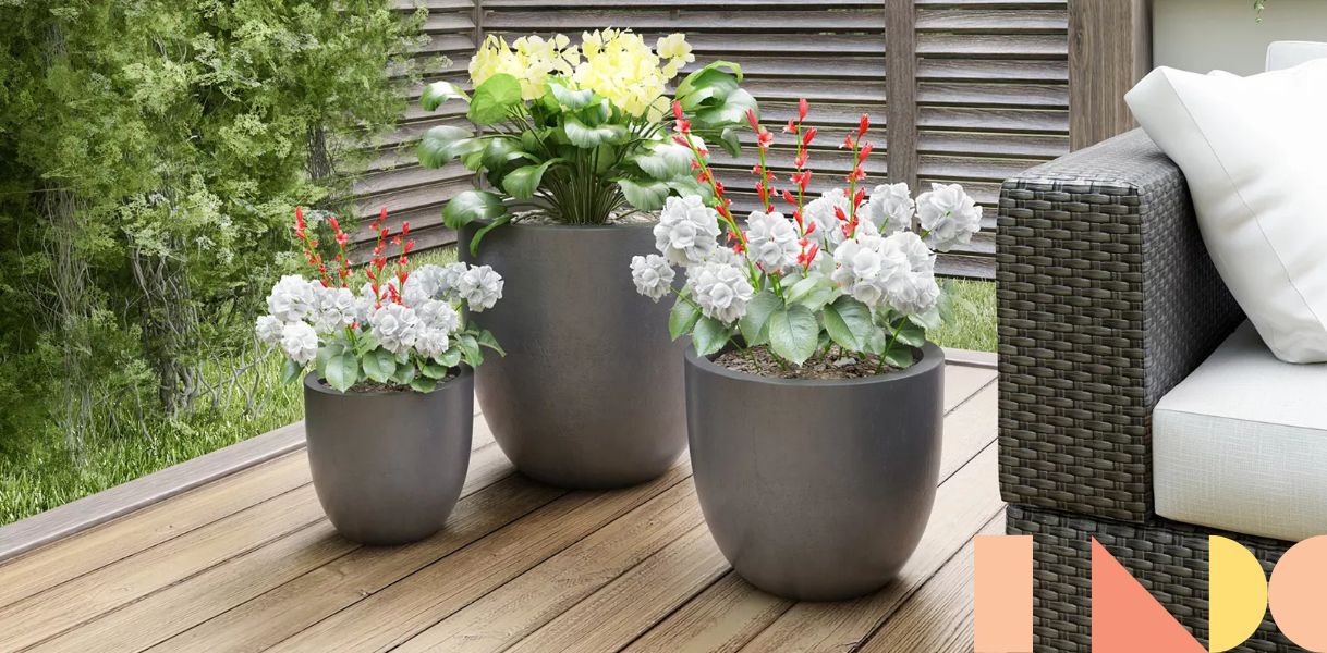 Pure Garden Set of 3 Modern Fiber Clay Planters