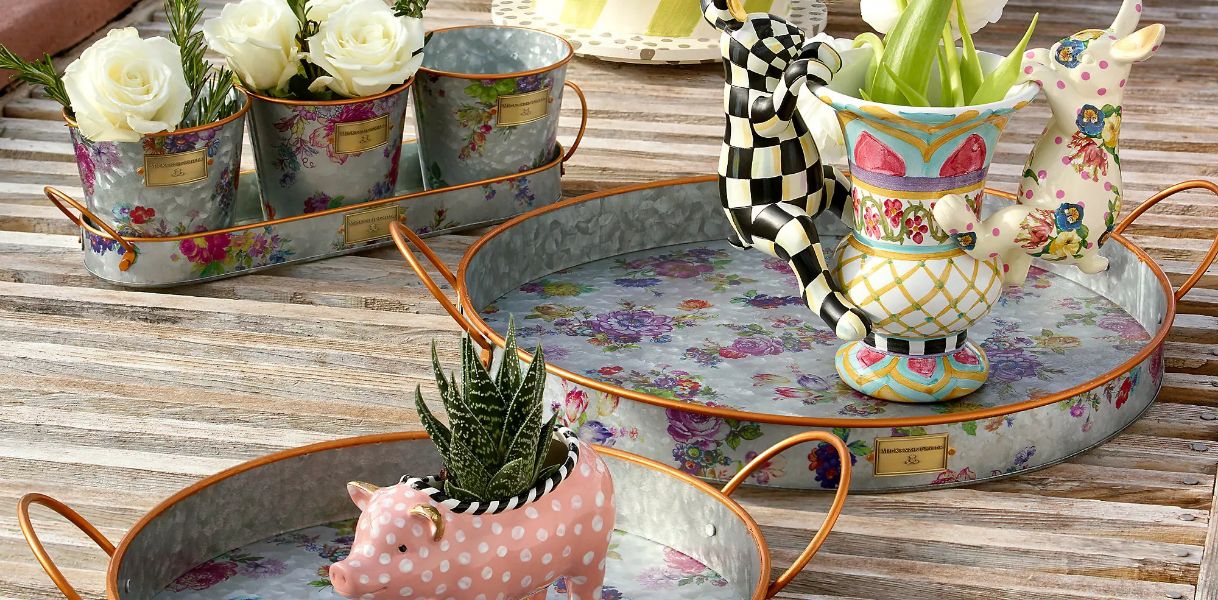 Mackenzie-Childs 4-Piece Galvanized Flower Tray & Pot