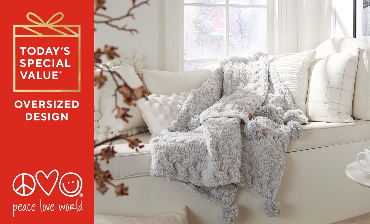 (QVC) Peace Love World 60" x 70" Mega Luxe Cable Knit Throw with Pom