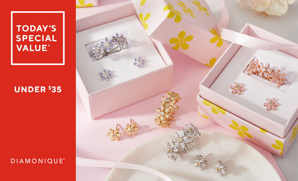 (QVC) Diamonique Summer Floral Band Ring & Stud Earrings, Sterling ...