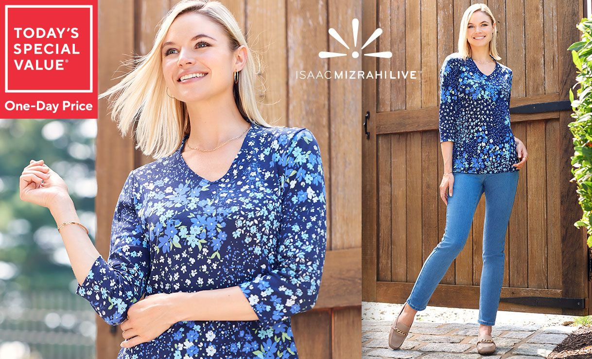 Today's Special Value® One-Day Price: Isaac Mizrahi Live! Printed Pima Cotton V-Neck 3/4-Sleeve Top
