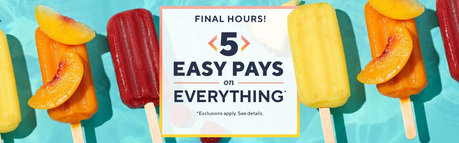 Final Hours! 5 Easy Pays on Everything* *Exclusions apply. See details. 
