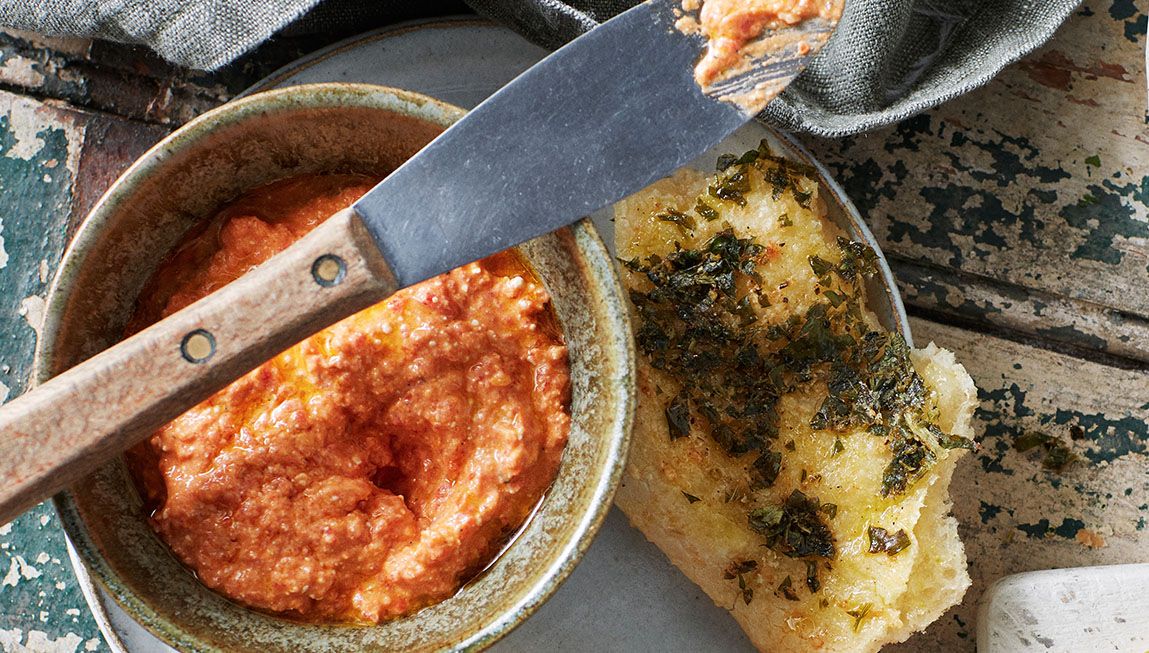 Feta and roasted red pepper dip with gluten-free cheesy flatbread