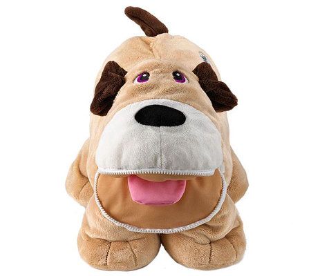 STUFFIES Plush Fluffy Dog w/ Zipper Compartment In Mouth & Magnetic Paws