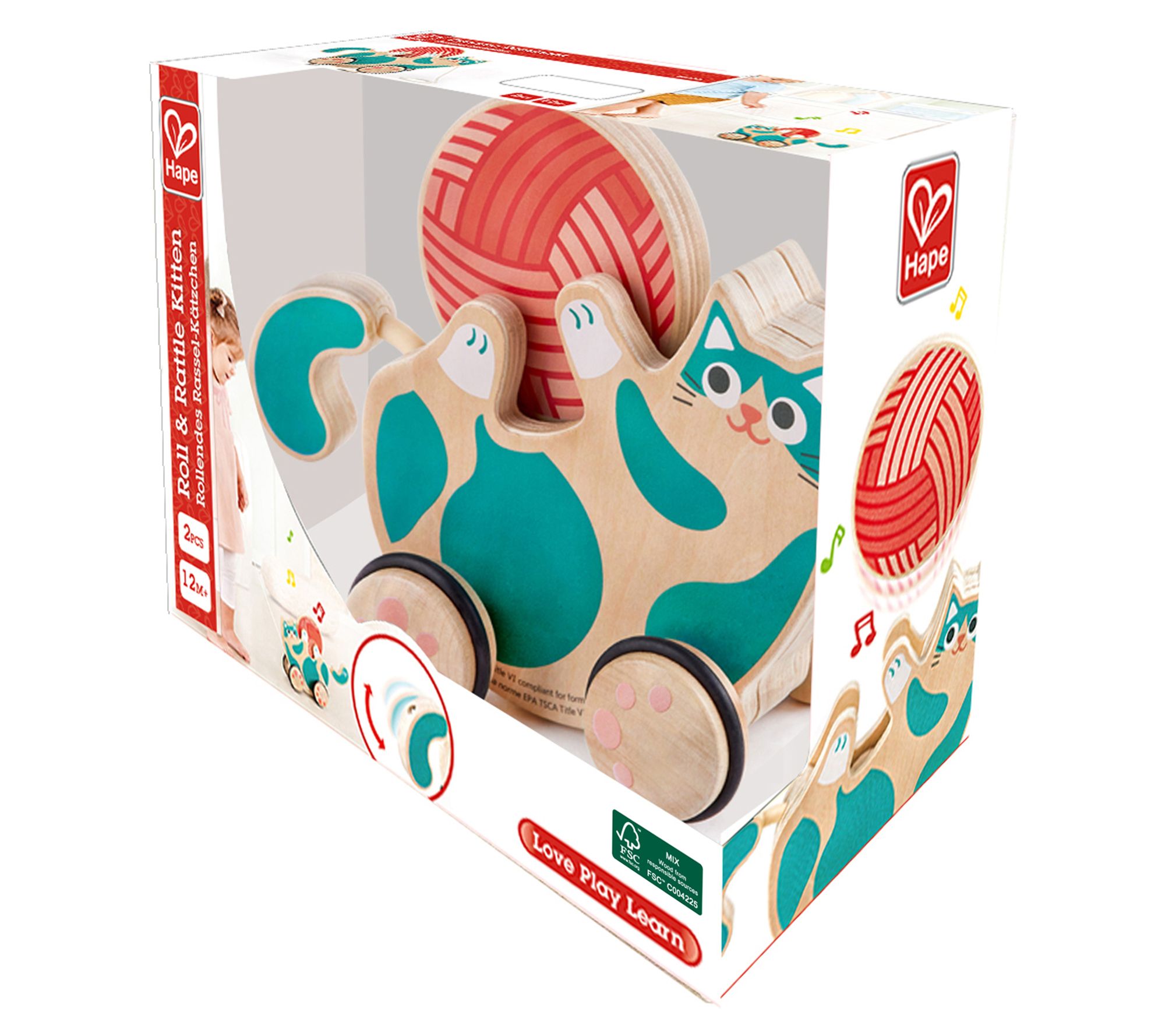 Hape WalkALong Roll & Rattle Kitten Wooden Toddler Toy