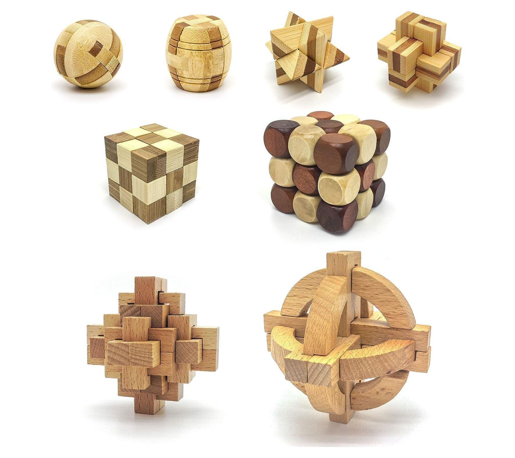 PicassoTiles 8 Style Wooden Burr Puzzle Cube, Ball and Barrels