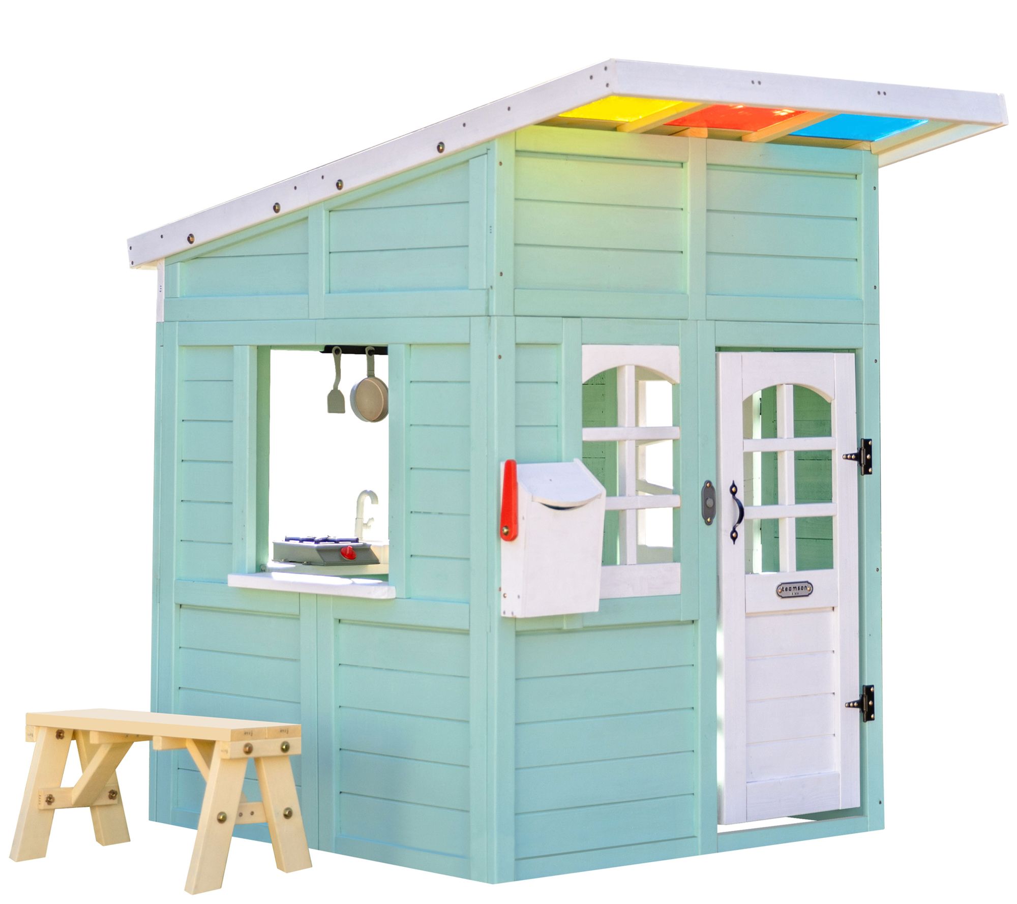 Teamson Kids Rainbow Shade Wooden Playhouse with Bench
