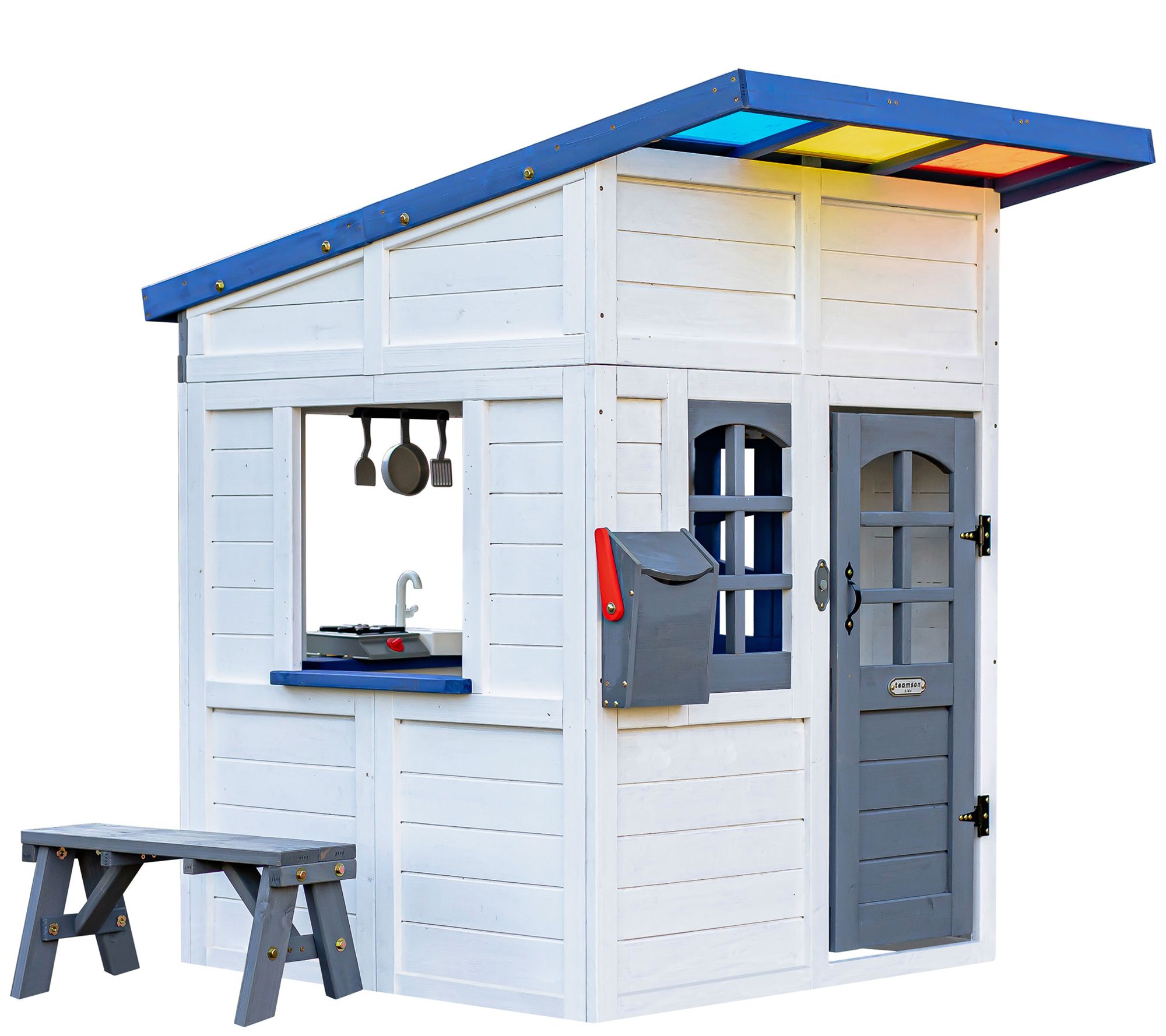 Teamson Kids Rainbow Shade Wooden Playhouse with Bench