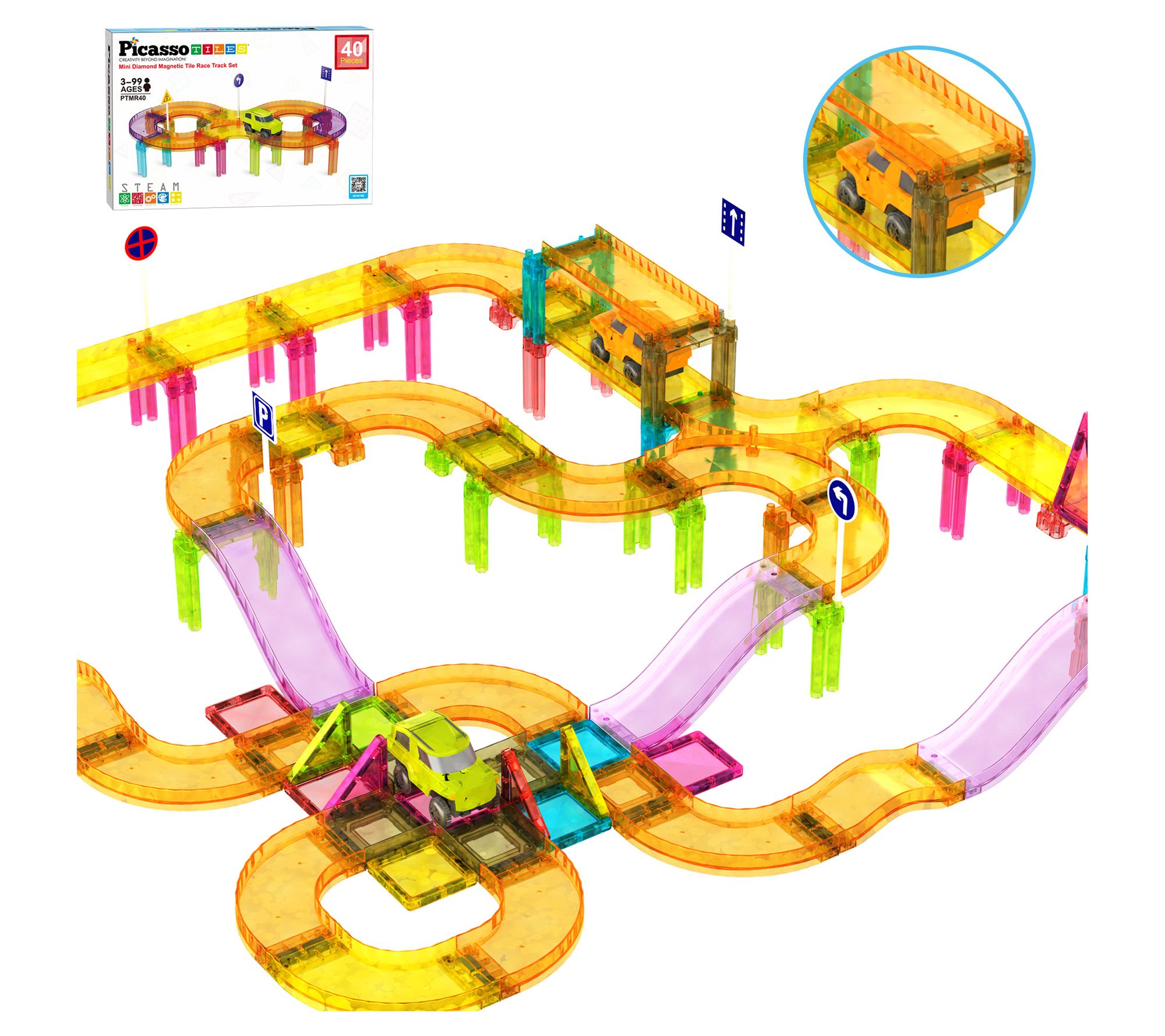 PicassoTiles 40pc Magnetic Tiles Racetrack Travel Toy with Car