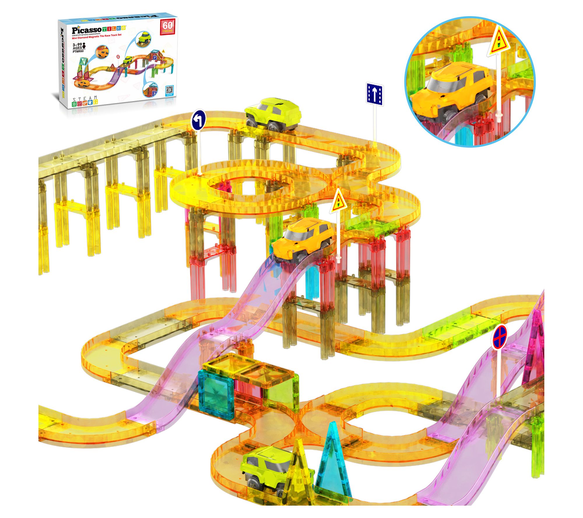 PicassoTiles 60pc Travel Magnet Tile Racetrackw/ Car Playset