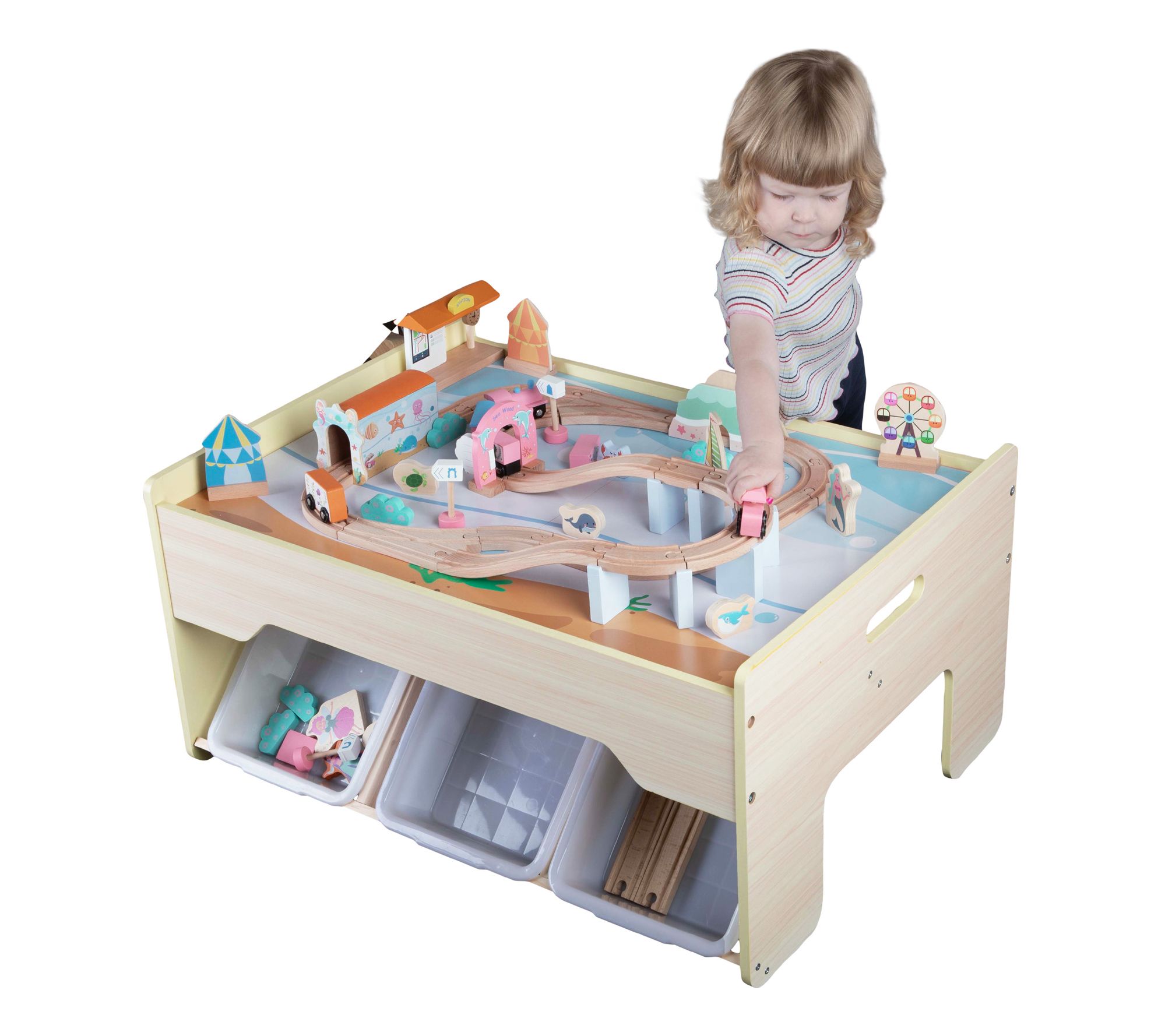 Hey Play Wooden Train Set Table