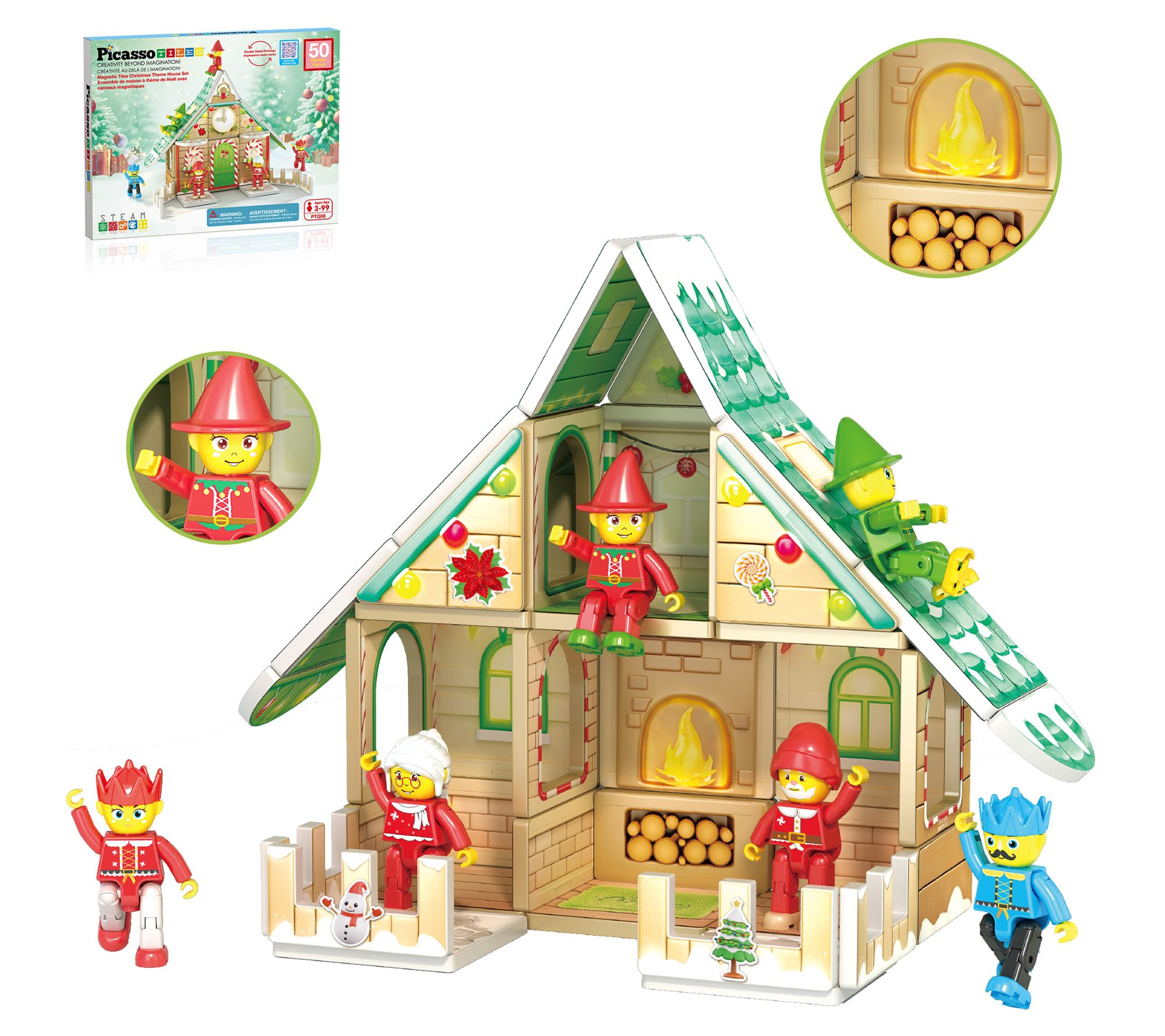 PicassoTiles 50 Pieces Magnetic Tiles ChristmasCottage Set