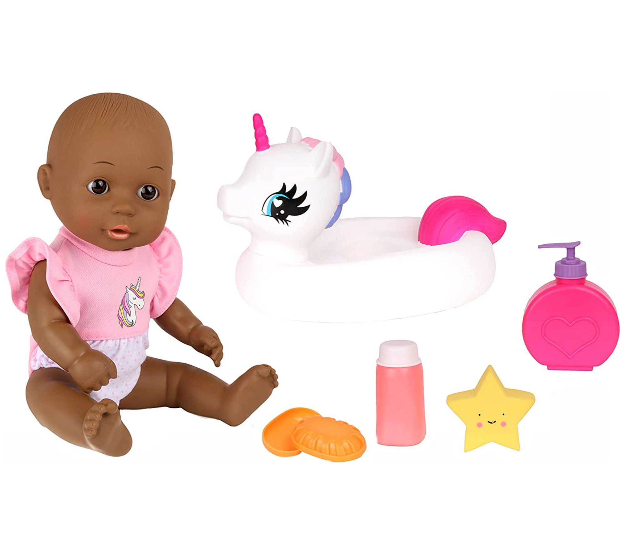 Bath Time 12" Baby Doll with Unicorn Floatie -African America