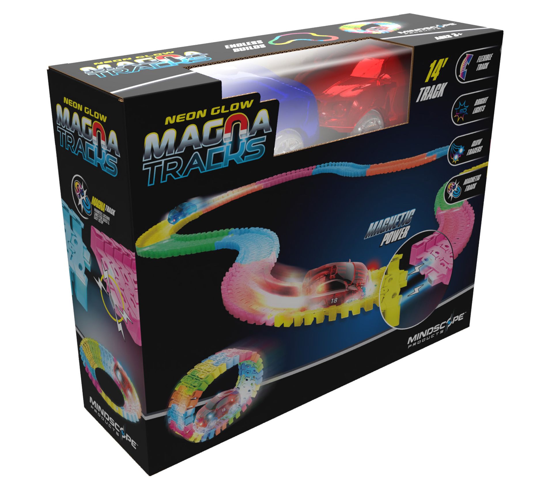 Neon Glow Magna Tracks 14' of Magnetic Tracks + 2 Cars w/ LED Lights ...